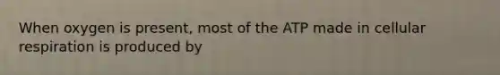 When oxygen is present, most of the ATP made in <a href='https://www.questionai.com/knowledge/k1IqNYBAJw-cellular-respiration' class='anchor-knowledge'>cellular respiration</a> is produced by