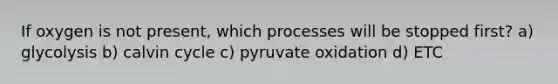 If oxygen is not present, which processes will be stopped first? a) glycolysis b) calvin cycle c) pyruvate oxidation d) ETC