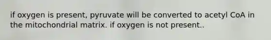 if oxygen is present, pyruvate will be converted to acetyl CoA in the mitochondrial matrix. if oxygen is not present..