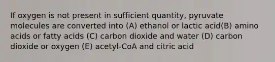 If oxygen is not present in sufficient quantity, pyruvate molecules are converted into (A) ethanol or lactic acid(B) <a href='https://www.questionai.com/knowledge/k9gb720LCl-amino-acids' class='anchor-knowledge'>amino acids</a> or fatty acids (C) carbon dioxide and water (D) carbon dioxide or oxygen (E) acetyl-CoA and citric acid