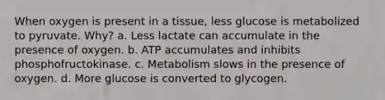 When oxygen is present in a tissue, less glucose is metabolized to pyruvate. Why? a. Less lactate can accumulate in the presence of oxygen. b. ATP accumulates and inhibits phosphofructokinase. c. Metabolism slows in the presence of oxygen. d. More glucose is converted to glycogen.