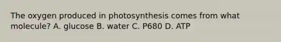 The oxygen produced in photosynthesis comes from what molecule? A. glucose B. water C. P680 D. ATP