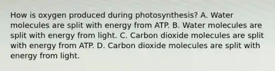 How is oxygen produced during photosynthesis? A. Water molecules are split with energy from ATP. B. Water molecules are split with energy from light. C. Carbon dioxide molecules are split with energy from ATP. D. Carbon dioxide molecules are split with energy from light.