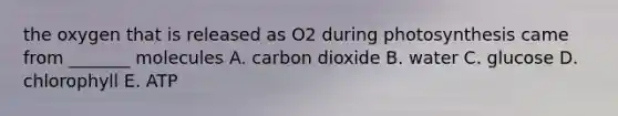 the oxygen that is released as O2 during photosynthesis came from _______ molecules A. carbon dioxide B. water C. glucose D. chlorophyll E. ATP