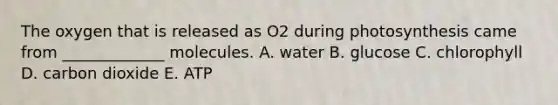 The oxygen that is released as O2 during photosynthesis came from _____________ molecules. A. water B. glucose C. chlorophyll D. carbon dioxide E. ATP