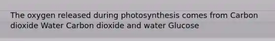 The oxygen released during photosynthesis comes from Carbon dioxide Water Carbon dioxide and water Glucose