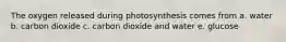 The oxygen released during photosynthesis comes from a. water b. carbon dioxide c. carbon dioxide and water e. glucose