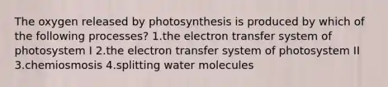 The oxygen released by photosynthesis is produced by which of the following processes? 1.the electron transfer system of photosystem I 2.the electron transfer system of photosystem II 3.chemiosmosis 4.splitting water molecules