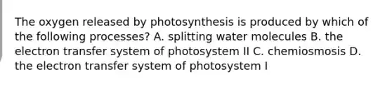 The oxygen released by photosynthesis is produced by which of the following processes? A. splitting water molecules B. the electron transfer system of photosystem II C. chemiosmosis D. the electron transfer system of photosystem I