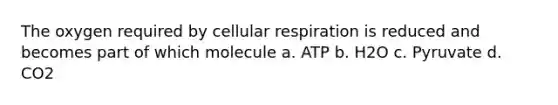 The oxygen required by cellular respiration is reduced and becomes part of which molecule a. ATP b. H2O c. Pyruvate d. CO2