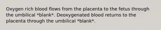 Oxygen rich blood flows from the placenta to the fetus through the umbilical *blank*. Deoxygenated blood returns to the placenta through the umbilical *blank*.