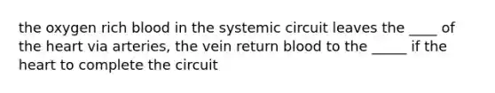 the oxygen rich blood in the systemic circuit leaves the ____ of the heart via arteries, the vein return blood to the _____ if the heart to complete the circuit