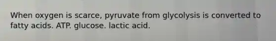 When oxygen is scarce, pyruvate from glycolysis is converted to fatty acids. ATP. glucose. lactic acid.