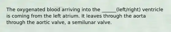 The oxygenated blood arriving into the ______(left/right) ventricle is coming from the left atrium. It leaves through the aorta through the aortic valve, a semilunar valve.