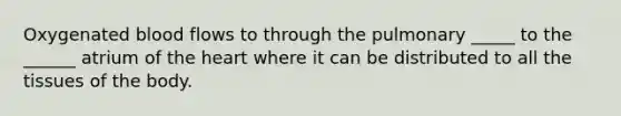 Oxygenated blood flows to through the pulmonary _____ to the ______ atrium of the heart where it can be distributed to all the tissues of the body.
