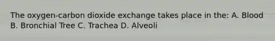 The oxygen-carbon dioxide exchange takes place in the: A. Blood B. Bronchial Tree C. Trachea D. Alveoli