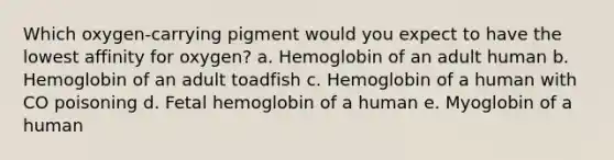 Which oxygen-carrying pigment would you expect to have the lowest affinity for oxygen? a. Hemoglobin of an adult human b. Hemoglobin of an adult toadfish c. Hemoglobin of a human with CO poisoning d. Fetal hemoglobin of a human e. Myoglobin of a human