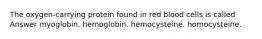 The oxygen-carrying protein found in red blood cells is called Answer myoglobin. hemoglobin. hemocysteine. homocysteine.