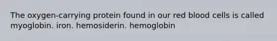 The oxygen-carrying protein found in our red blood cells is called myoglobin. iron. hemosiderin. hemoglobin