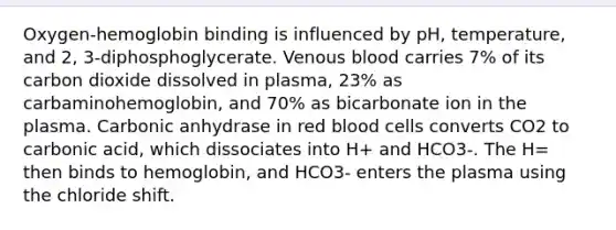 Oxygen-hemoglobin binding is influenced by pH, temperature, and 2, 3-diphosphoglycerate. Venous blood carries 7% of its carbon dioxide dissolved in plasma, 23% as carbaminohemoglobin, and 70% as bicarbonate ion in the plasma. Carbonic anhydrase in red blood cells converts CO2 to carbonic acid, which dissociates into H+ and HCO3-. The H= then binds to hemoglobin, and HCO3- enters the plasma using the chloride shift.