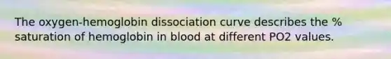 The oxygen-hemoglobin dissociation curve describes the % saturation of hemoglobin in blood at different PO2 values.