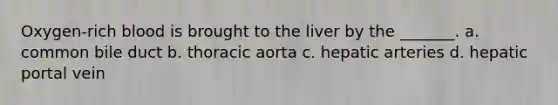 Oxygen-rich blood is brought to the liver by the _______. a. common bile duct b. thoracic aorta c. hepatic arteries d. hepatic portal vein