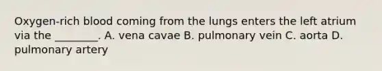 ​Oxygen-rich blood coming from the lungs enters the left atrium via the​ ________. A. vena cavae B. pulmonary vein C. aorta D. pulmonary artery