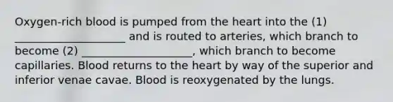 Oxygen-rich blood is pumped from <a href='https://www.questionai.com/knowledge/kya8ocqc6o-the-heart' class='anchor-knowledge'>the heart</a> into the (1) ____________________ and is routed to arteries, which branch to become (2) ____________________, which branch to become capillaries. Blood returns to the heart by way of the superior and inferior venae cavae. Blood is reoxygenated by the lungs.