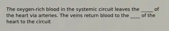 The oxygen-rich blood in the systemic circuit leaves the _____ of the heart via arteries. The veins return blood to the ____ of the heart to the circuit