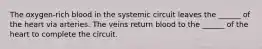 The oxygen-rich blood in the systemic circuit leaves the ______ of the heart via arteries. The veins return blood to the ______ of the heart to complete the circuit.