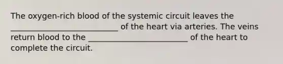 The oxygen-rich blood of the systemic circuit leaves the ___________________________ of the heart via arteries. The veins return blood to the _________________________ of the heart to complete the circuit.