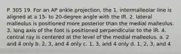 P. 305 19. For an AP ankle projection, the 1. intermalleolar line is aligned at a 15- to 20-degree angle with the IR. 2. lateral malleolus is positioned more posterior than the medial malleolus. 3. long axis of the foot is positioned perpendicular to the IR. 4. central ray is centered at the level of the medial malleolus. a. 2 and 4 only b. 2, 3, and 4 only c. 1, 3, and 4 only d. 1, 2, 3, and 4