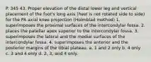 P. 345 43. Proper elevation of the distal lower leg and vertical placement of the foot's long axis (heel is not rotated side to side) for the PA axial knee projection (Holmblad method) 1. superimposes the proximal surfaces of the intercondylar fossa. 2. places the patellar apex superior to the intercondylar fossa. 3. superimposes the lateral and the medial surfaces of the intercondylar fossa. 4. superimposes the anterior and the posterior margins of the tibial plateau. a. 1 and 2 only b. 4 only c. 3 and 4 only d. 2, 3, and 4 only.