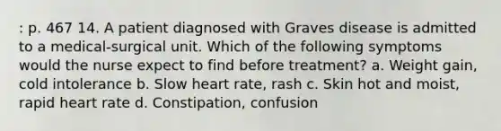 : p. 467 14. A patient diagnosed with Graves disease is admitted to a medical-surgical unit. Which of the following symptoms would the nurse expect to find before treatment? a. Weight gain, cold intolerance b. Slow heart rate, rash c. Skin hot and moist, rapid heart rate d. Constipation, confusion