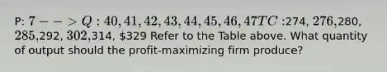 P: 7 --> Q: 40, 41, 42, 43, 44, 45, 46, 47 TC:274, 276,280, 285,292, 302,314, 329 Refer to the Table above. What quantity of output should the profit-maximizing firm produce?