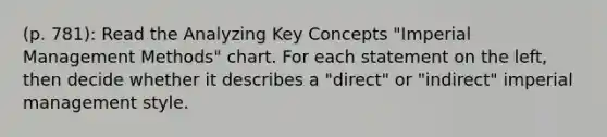 (p. 781): Read the Analyzing Key Concepts "Imperial Management Methods" chart. For each statement on the left, then decide whether it describes a "direct" or "indirect" imperial management style.