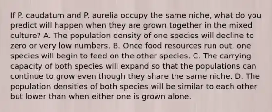 If P. caudatum and P. aurelia occupy the same niche, what do you predict will happen when they are grown together in the mixed culture? A. The population density of one species will decline to zero or very low numbers. B. Once food resources run out, one species will begin to feed on the other species. C. The carrying capacity of both species will expand so that the populations can continue to grow even though they share the same niche. D. The population densities of both species will be similar to each other but lower than when either one is grown alone.