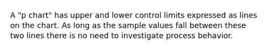 A "p chart" has upper and lower control limits expressed as lines on the chart. As long as the sample values fall between these two lines there is no need to investigate process behavior.