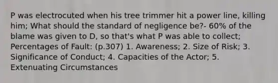 P was electrocuted when his tree trimmer hit a power line, killing him; What should the standard of negligence be?- 60% of the blame was given to D, so that's what P was able to collect; Percentages of Fault: (p.307) 1. Awareness; 2. Size of Risk; 3. Significance of Conduct; 4. Capacities of the Actor; 5. Extenuating Circumstances