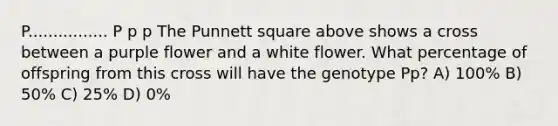 P................ P p p The Punnett square above shows a cross between a purple flower and a white flower. What percentage of offspring from this cross will have the genotype Pp? A) 100% B) 50% C) 25% D) 0%