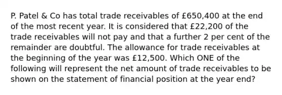 P. Patel & Co has total trade receivables of £650,400 at the end of the most recent year. It is considered that £22,200 of the trade receivables will not pay and that a further 2 per cent of the remainder are doubtful. The allowance for trade receivables at the beginning of the year was £12,500. Which ONE of the following will represent the net amount of trade receivables to be shown on the statement of financial position at the year end?