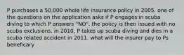 P purchases a 50,000 whole life insurance policy in 2005. one of the questions on the application asks if P engages in scuba diving to which P answers "NO". the policy is then issued with no scuba exclusions. in 2010, P takes up scuba diving and dies in a scuba related accident in 2011. what will the insurer pay to Ps beneficary