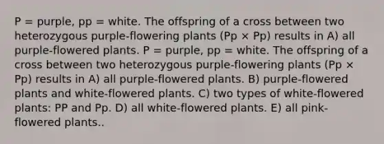 P = purple, pp = white. The offspring of a cross between two heterozygous purple-flowering plants (Pp × Pp) results in A) all purple-flowered plants. P = purple, pp = white. The offspring of a cross between two heterozygous purple-flowering plants (Pp × Pp) results in A) all purple-flowered plants. B) purple-flowered plants and white-flowered plants. C) two types of white-flowered plants: PP and Pp. D) all white-flowered plants. E) all pink-flowered plants..