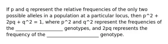 If p and q represent the relative frequencies of the only two possible alleles in a population at a particular locus, then p^2 + 2pq + q^2 = 1, where p^2 and q^2 represent the frequencies of the ____________________ genotypes, and 2pq represents the frequency of the ______________________ genotype.