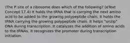 The P site of a ribosome does which of the following? (eText Concept 17.4) It holds the tRNA that is carrying the next amino acid to be added to the growing polypeptide chain. It holds the tRNA carrying the growing polypeptide chain. It helps "unzip" DNA during transcription. It catalyzes the addition of amino acids to the tRNAs. It recognizes the promoter during transcription initiation.