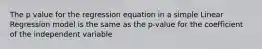 The p value for the regression equation in a simple Linear Regression model is the same as the p-value for the coefficient of the independent variable