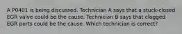 A P0401 is being discussed. Technician A says that a stuck-closed EGR valve could be the cause. Technician B says that clogged EGR ports could be the cause. Which technician is correct?