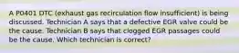 A P0401 DTC (exhaust gas recirculation flow insufficient) is being discussed. Technician A says that a defective EGR valve could be the cause. Technician B says that clogged EGR passages could be the cause. Which technician is correct?