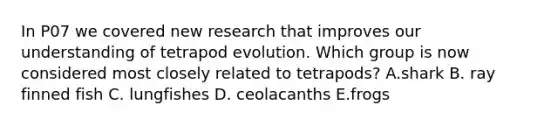 In P07 we covered new research that improves our understanding of tetrapod evolution. Which group is now considered most closely related to tetrapods? A.shark B. ray finned fish C. lungfishes D. ceolacanths E.frogs