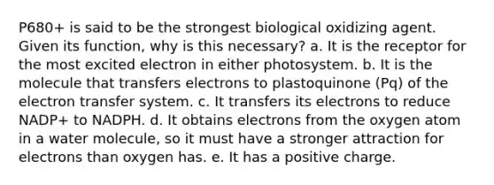 P680+ is said to be the strongest biological oxidizing agent. Given its function, why is this necessary? a. It is the receptor for the most excited electron in either photosystem. b. It is the molecule that transfers electrons to plastoquinone (Pq) of the electron transfer system. c. It transfers its electrons to reduce NADP+ to NADPH. d. It obtains electrons from the oxygen atom in a water molecule, so it must have a stronger attraction for electrons than oxygen has. e. It has a positive charge.